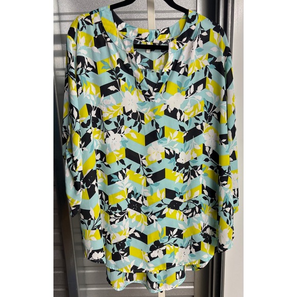 Cato Tops - Cato Floral Chevron Print Split Neck Blouse Teal Lime 22/24W